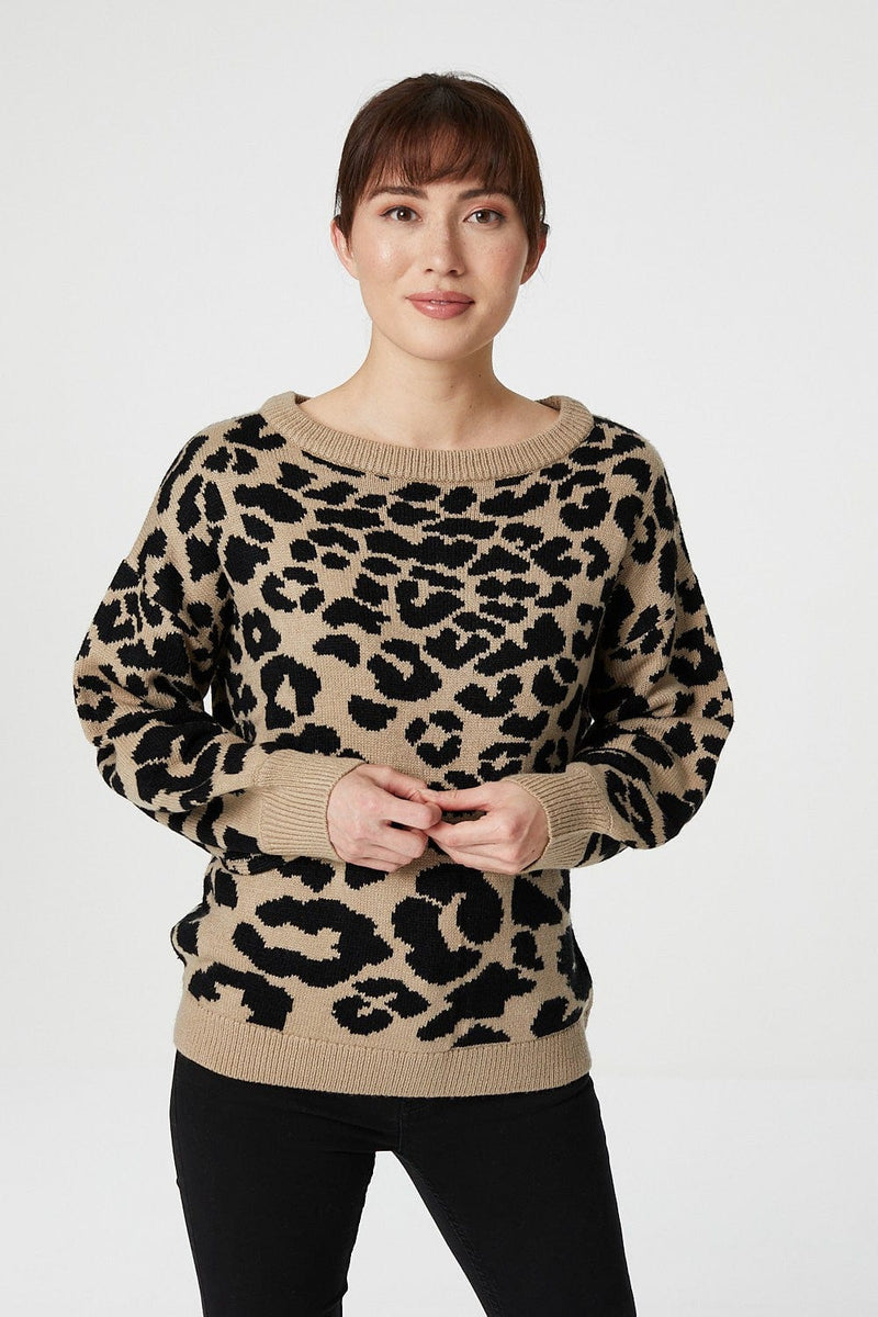 Beige | Leopard Print Relaxed Knit Jumper