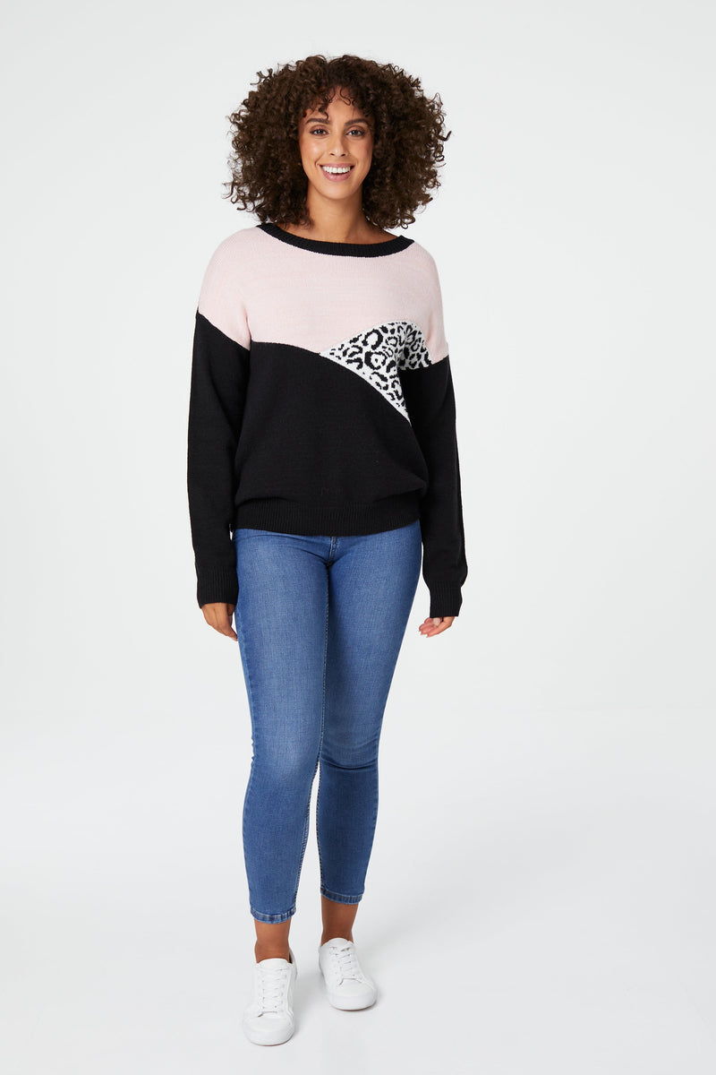 Pink | Colour Block Print Relaxed Jumper