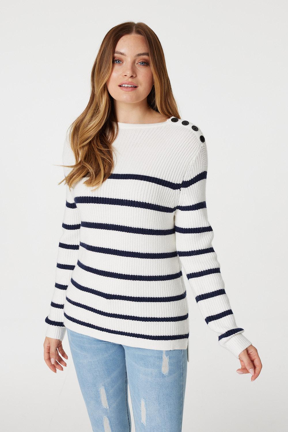 White | Striped Relaxed Knit Jumper