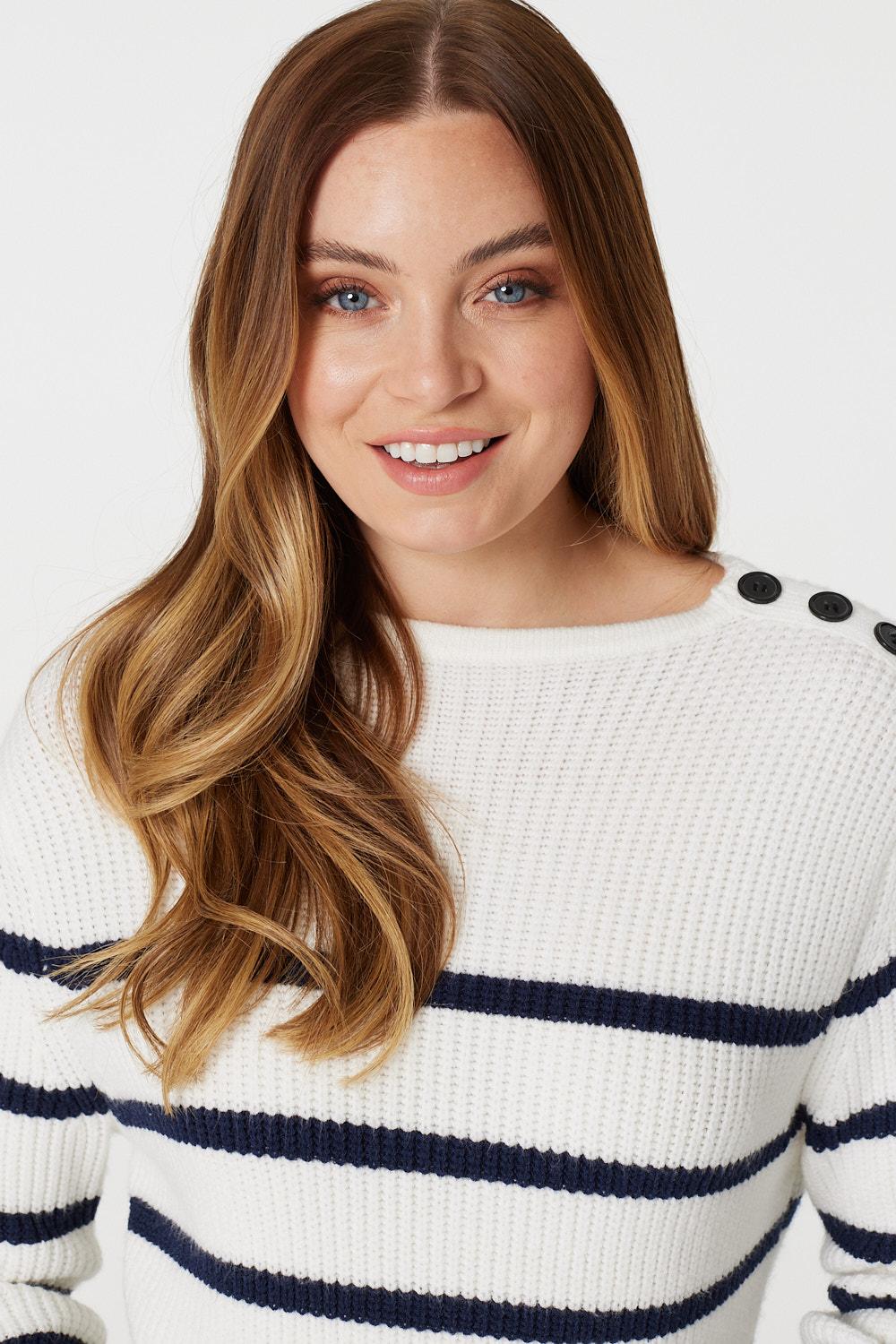 White | Striped Relaxed Knit Jumper
