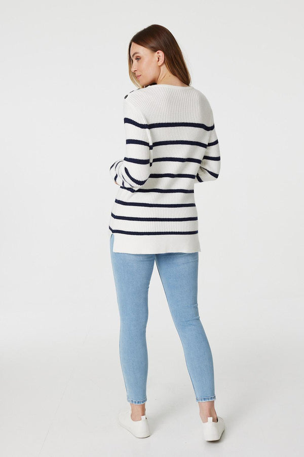 White | Striped Relaxed Knit Jumper