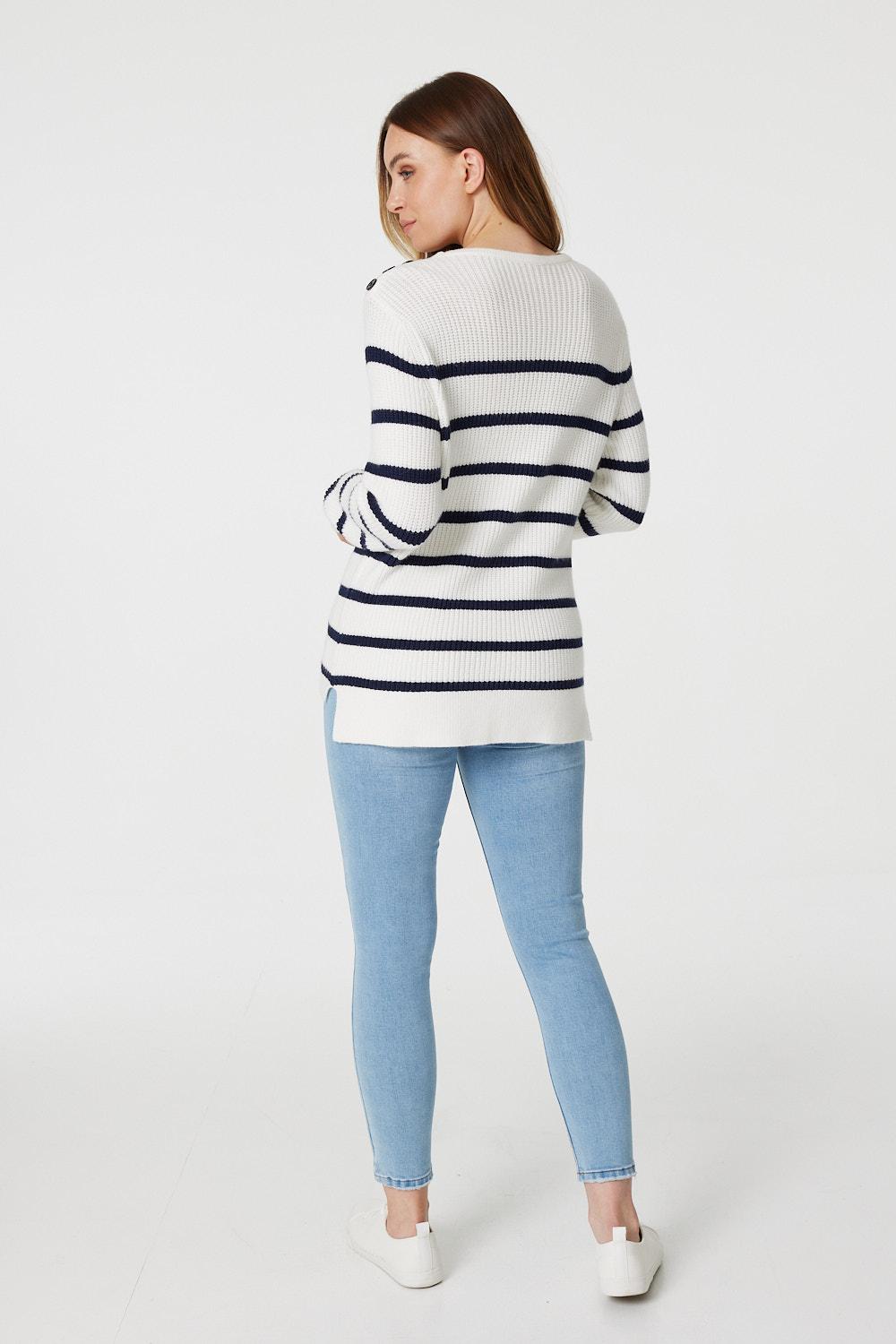 White | Striped Relaxed Knit Jumper
