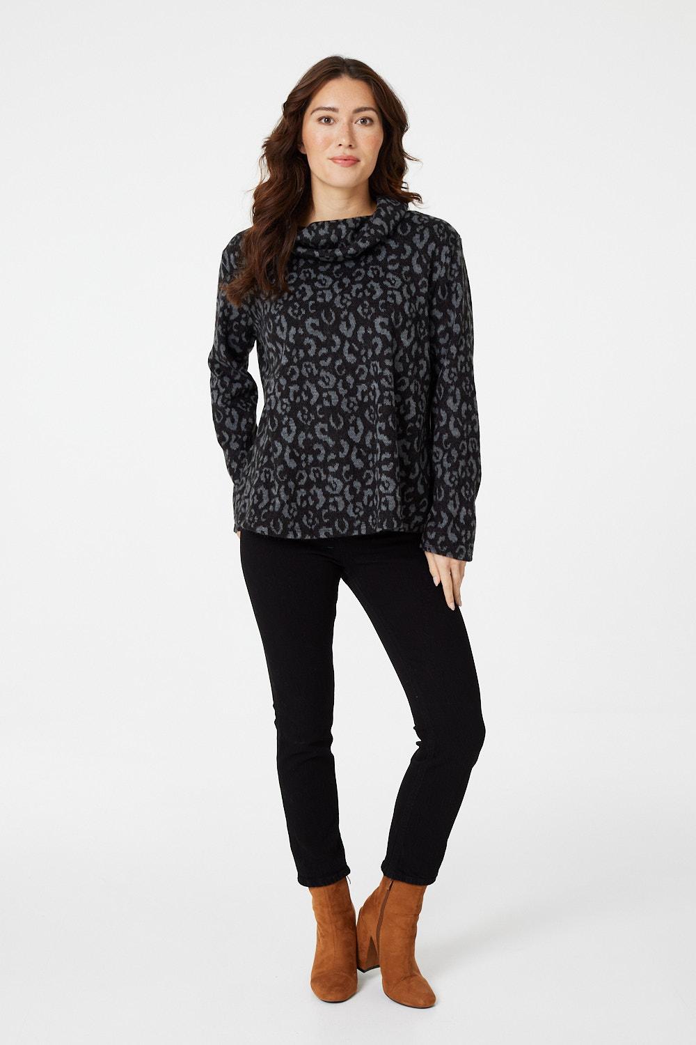 Grey | Animal Print Cowl Neck Jumper