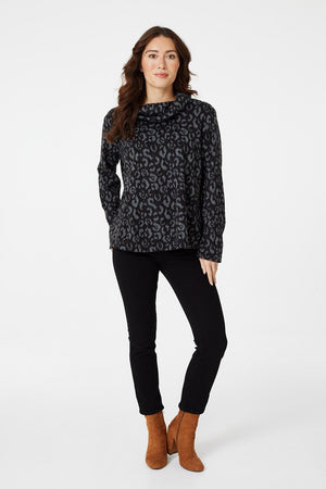 Grey | Animal Print Cowl Neck Jumper