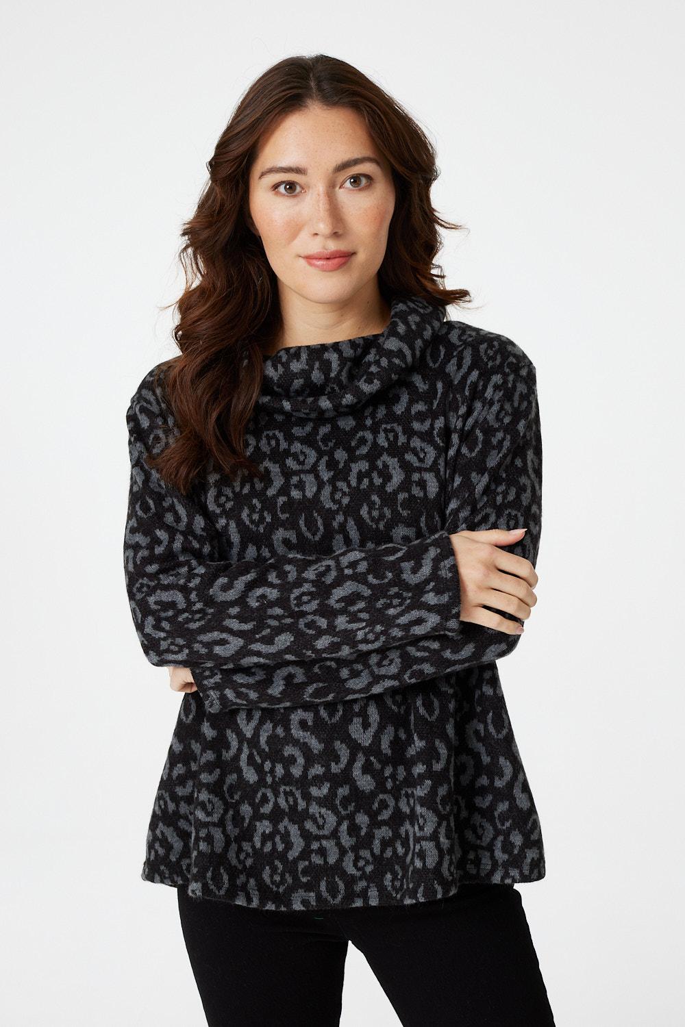 Grey | Animal Print Cowl Neck Jumper