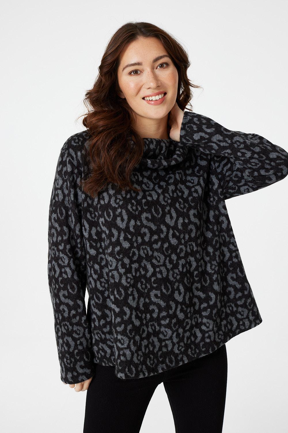 Grey | Animal Print Cowl Neck Jumper