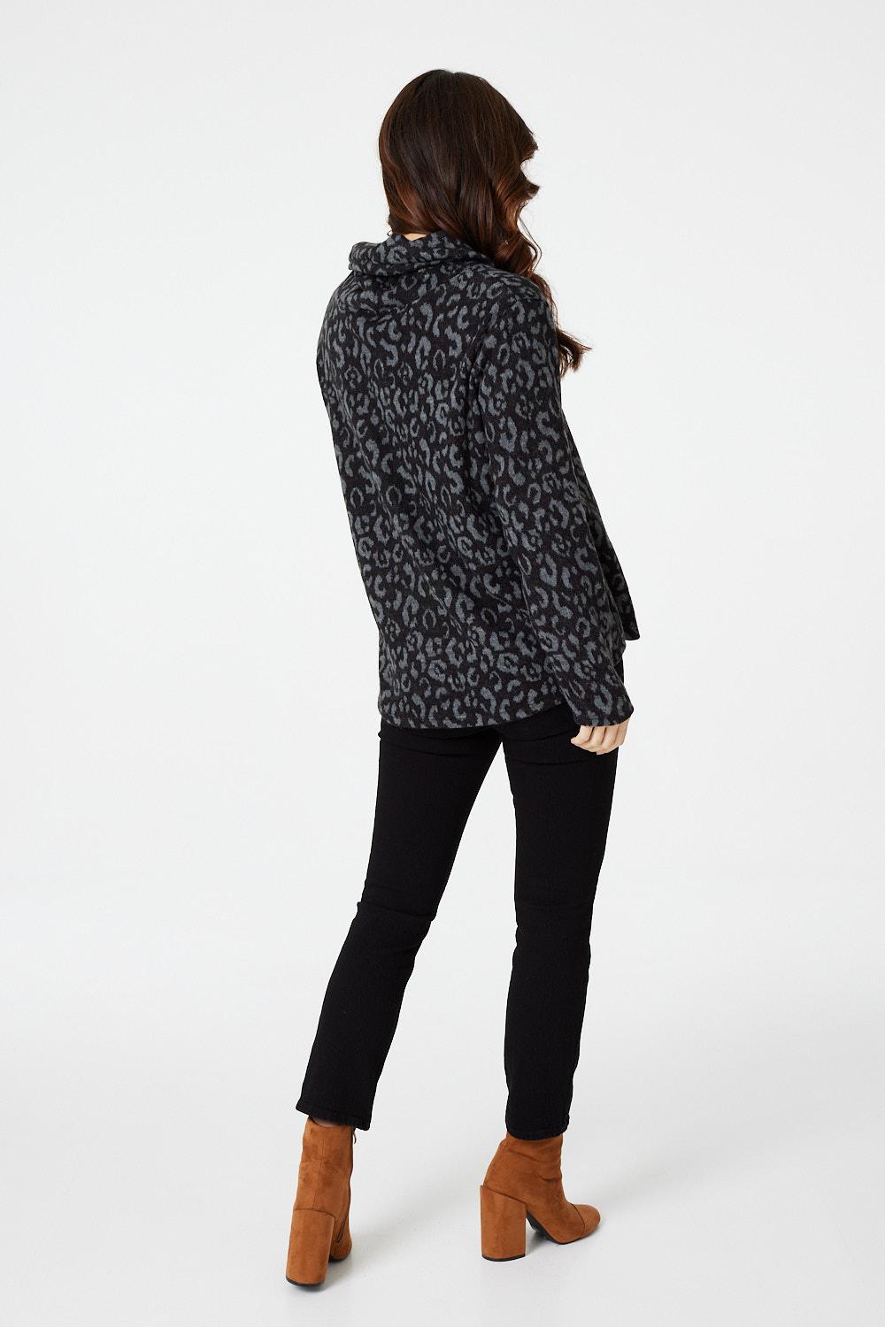 Grey | Animal Print Cowl Neck Jumper