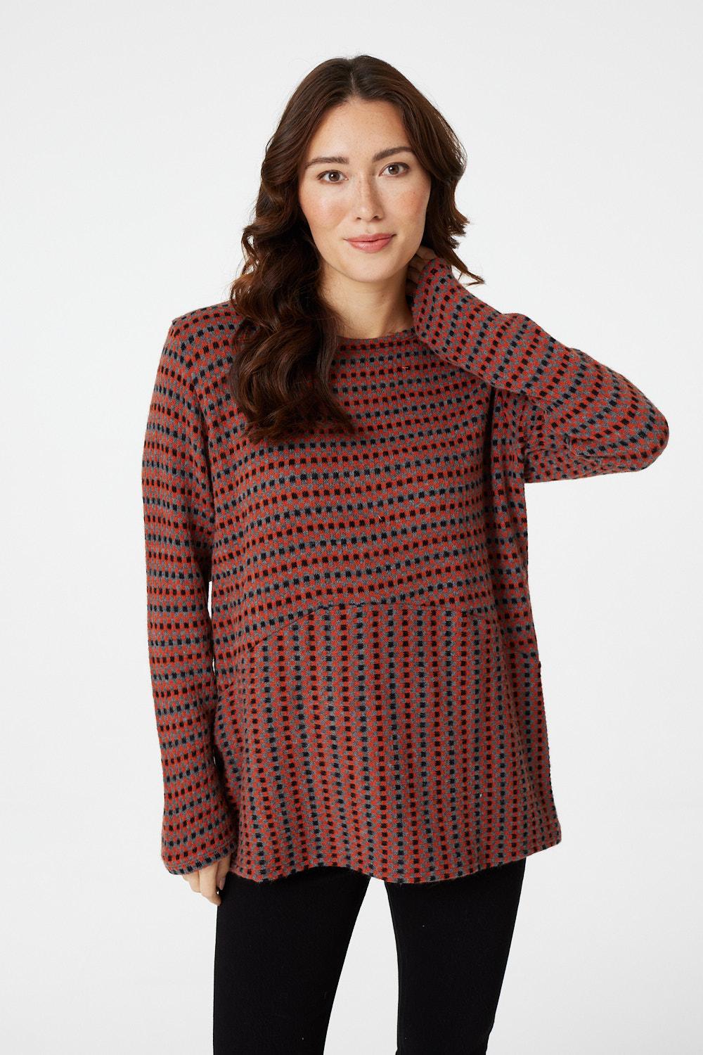 Orange | Striped Knit Jumper with Necklace