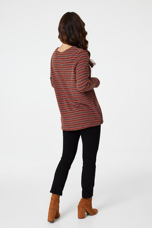 Orange | Striped Knit Jumper with Necklace
