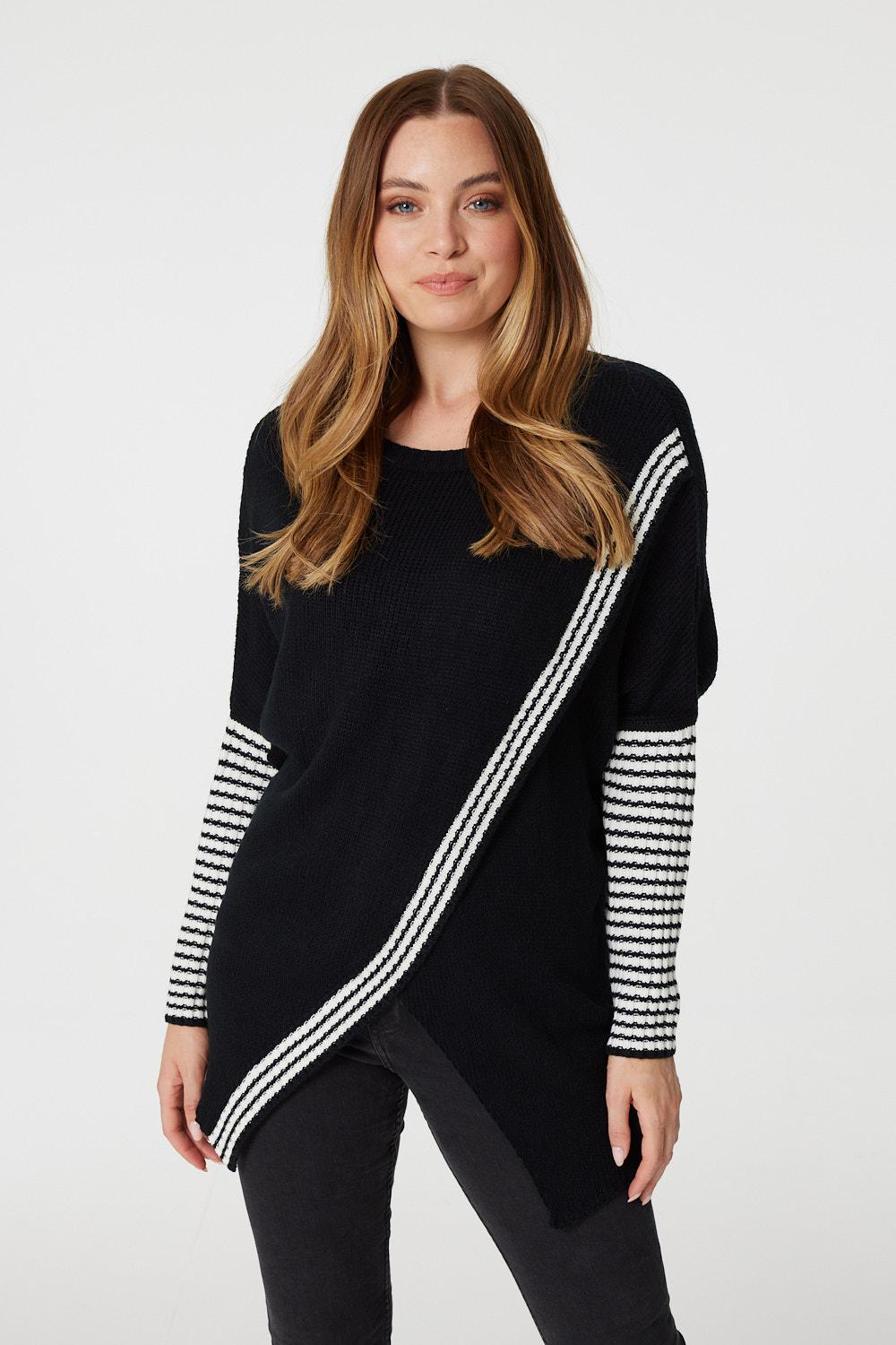 Black | Striped Wrap Front Knit Jumper