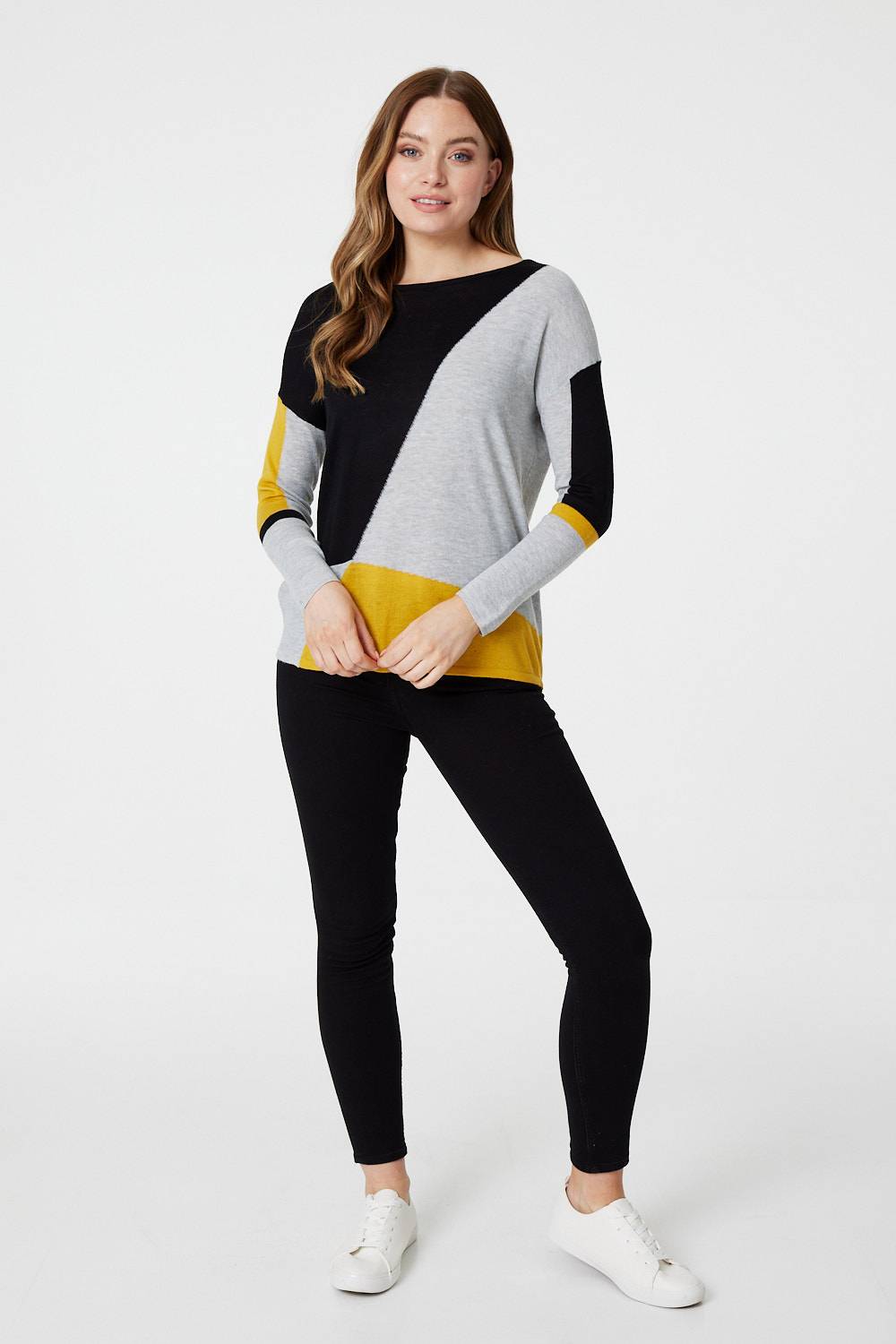 Mustard | Colour Block Fine Knit Jumper