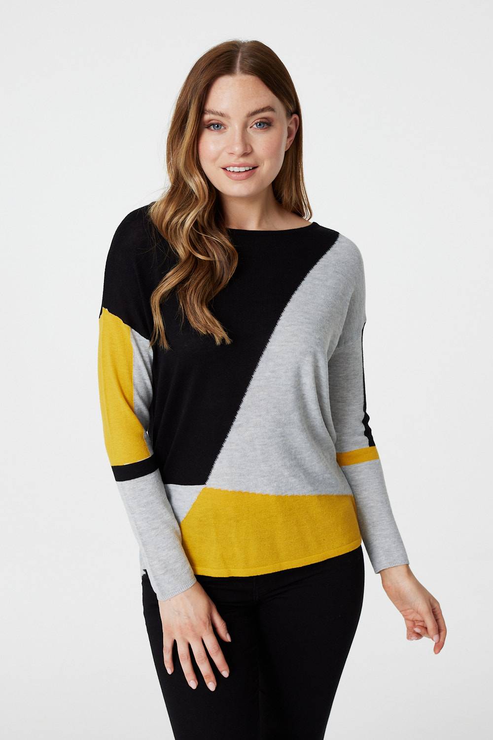 Mustard | Colour Block Fine Knit Jumper