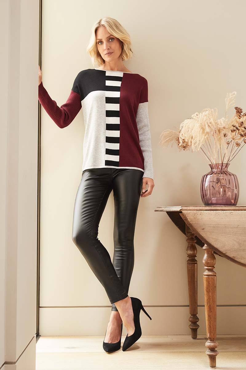 Burgundy | Colour Block Relaxed Knit Jumper