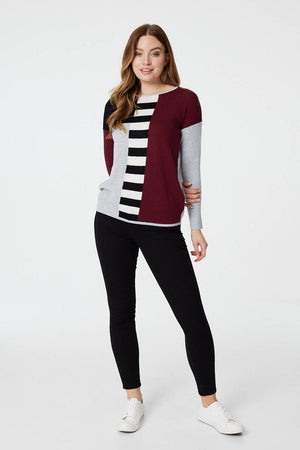Burgundy | Colour Block Relaxed Knit Jumper