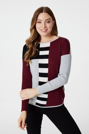 Burgundy | Colour Block Relaxed Knit Jumper