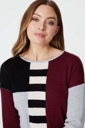 Burgundy | Colour Block Relaxed Knit Jumper