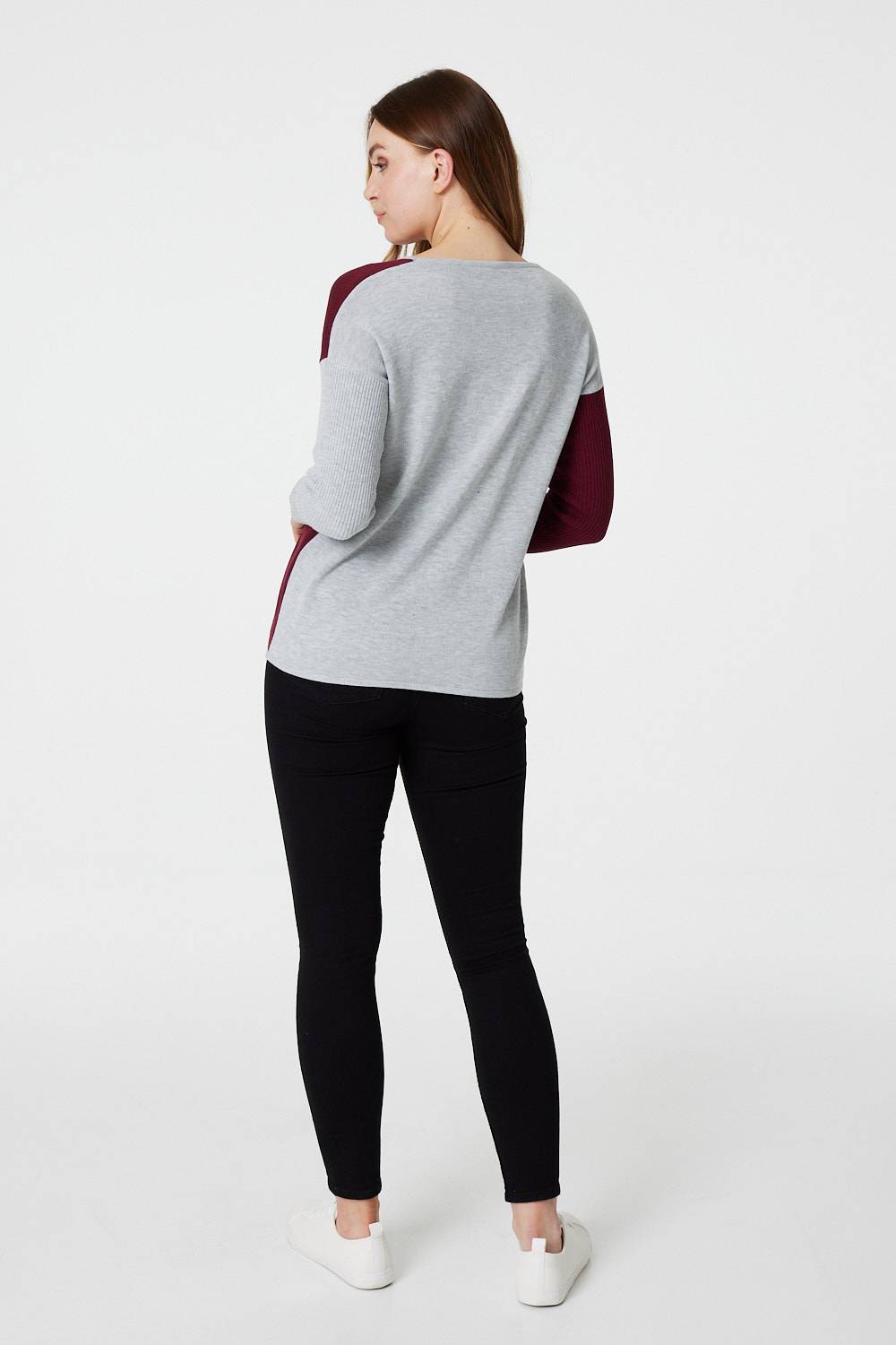 Burgundy | Colour Block Relaxed Knit Jumper