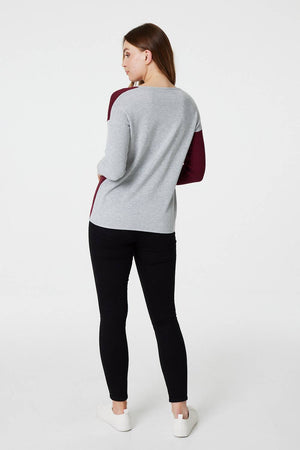 Burgundy | Colour Block Relaxed Knit Jumper