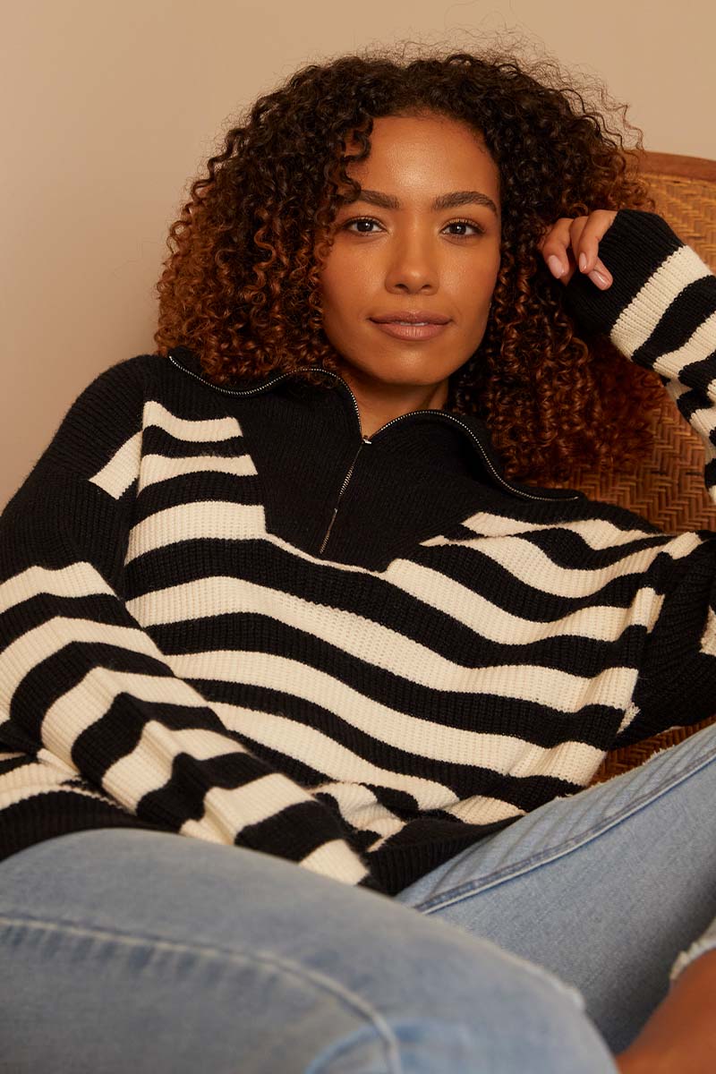 Black | Striped Zip Front Knit Jumper