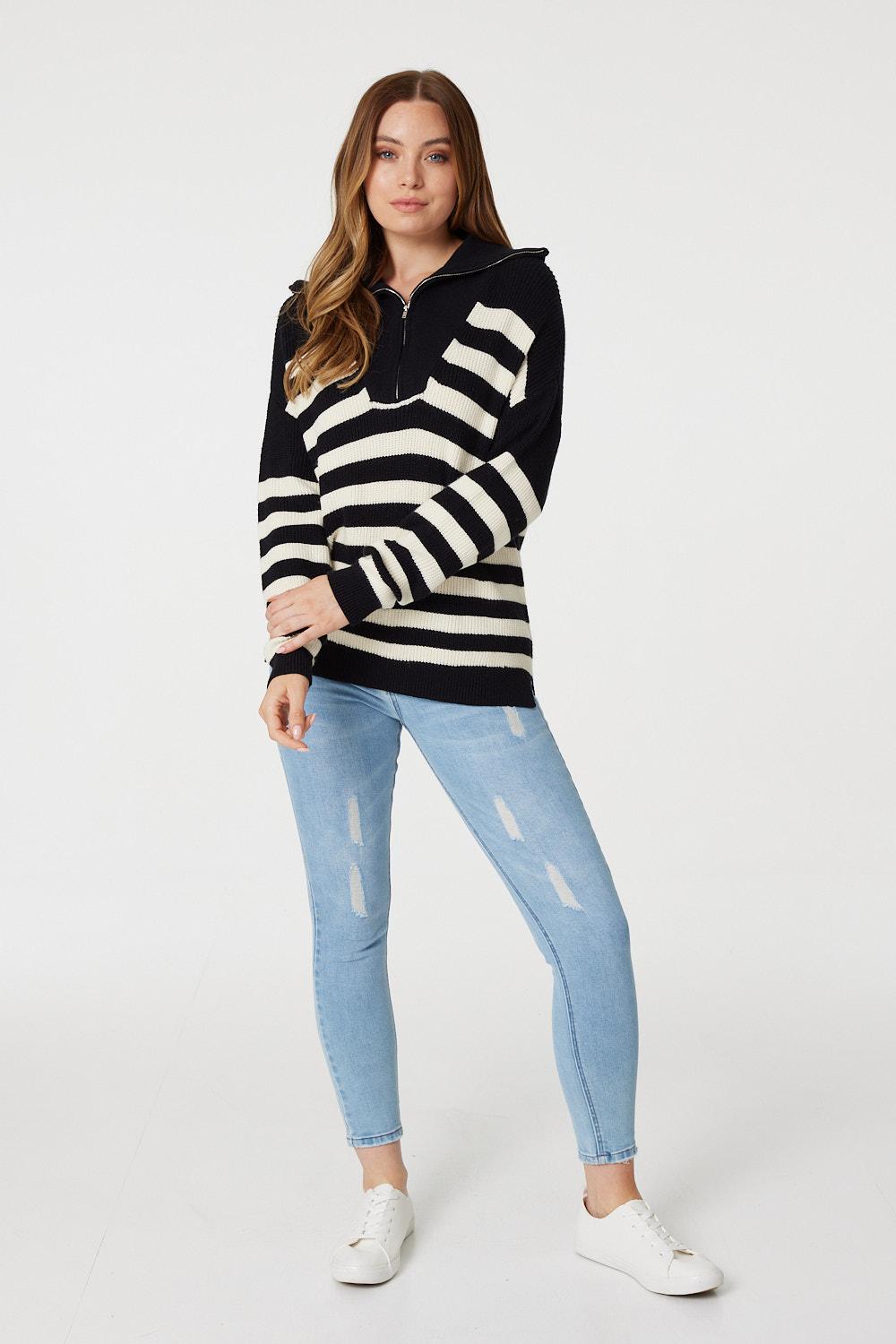 Black | Striped Zip Front Knit Jumper
