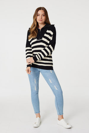 Black | Striped Zip Front Knit Jumper