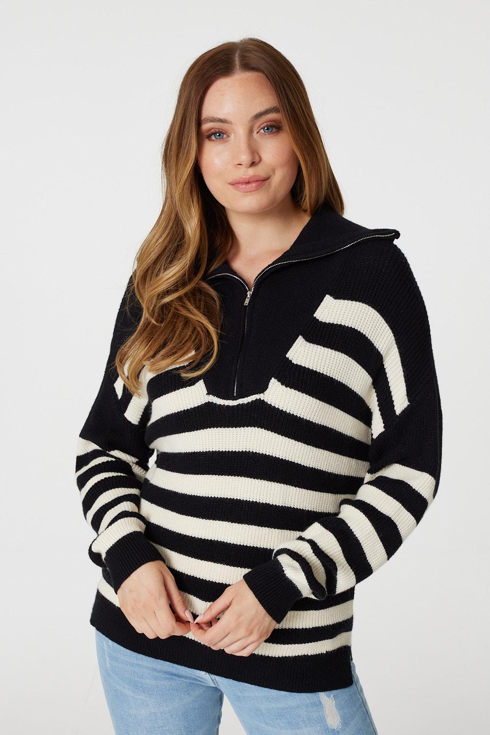 Black | Striped Zip Front Knit Jumper