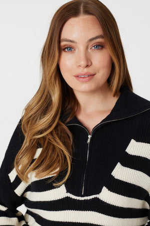 Black | Striped Zip Front Knit Jumper