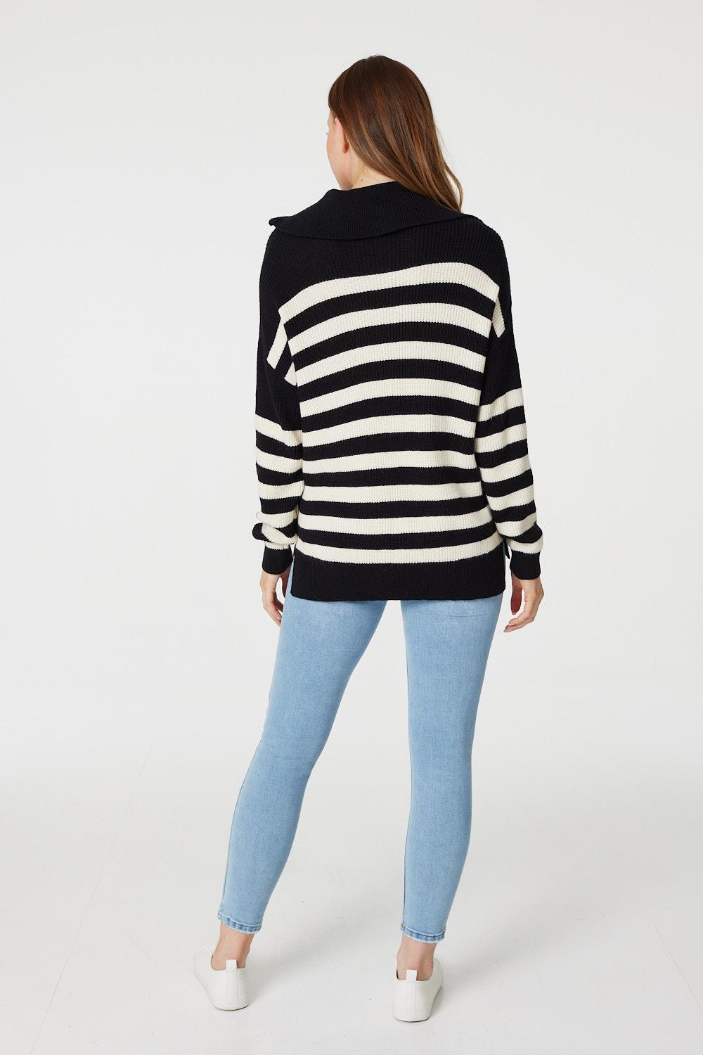 Black | Striped Zip Front Knit Jumper