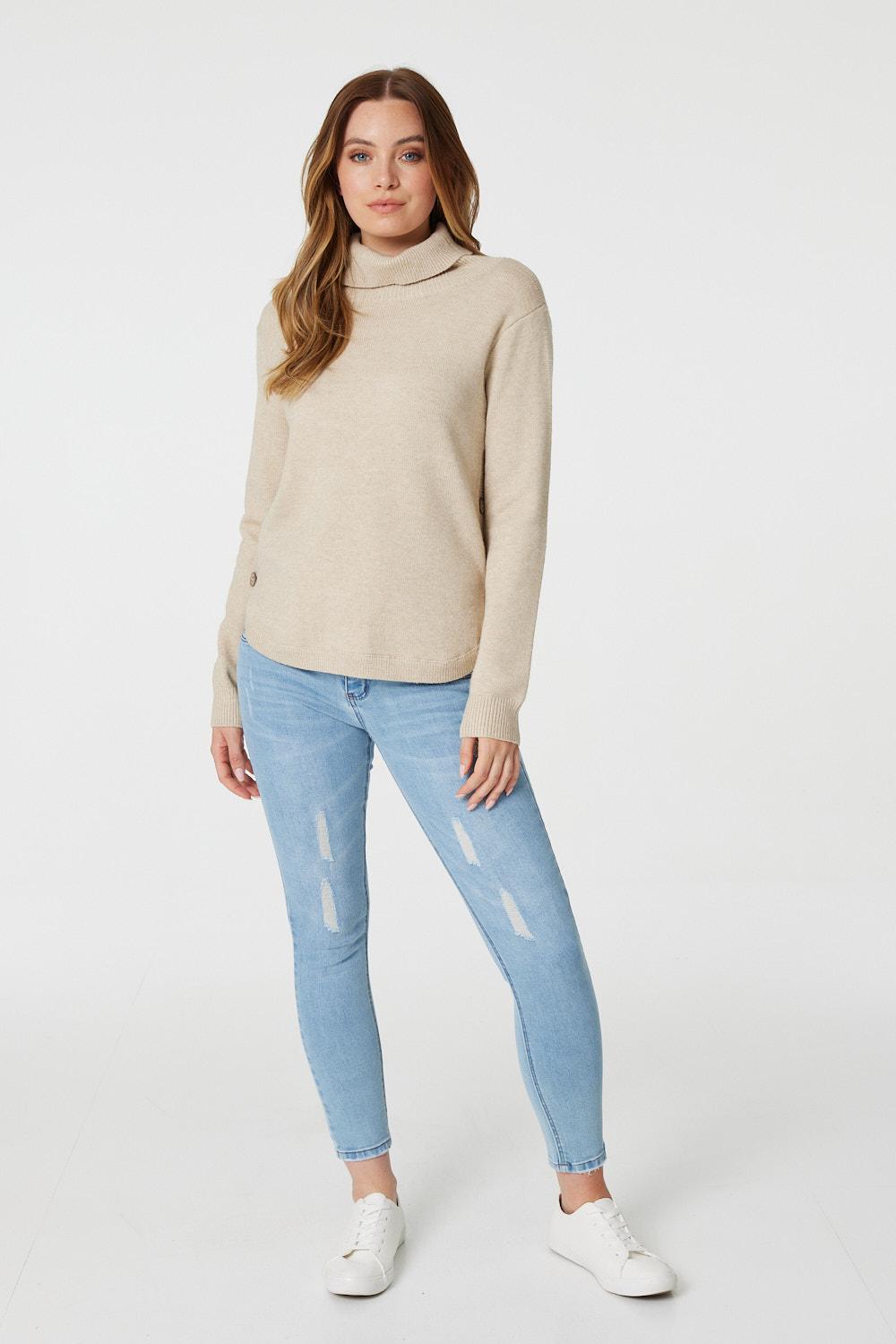 Stone | Roll Neck Fine Knit Jumper