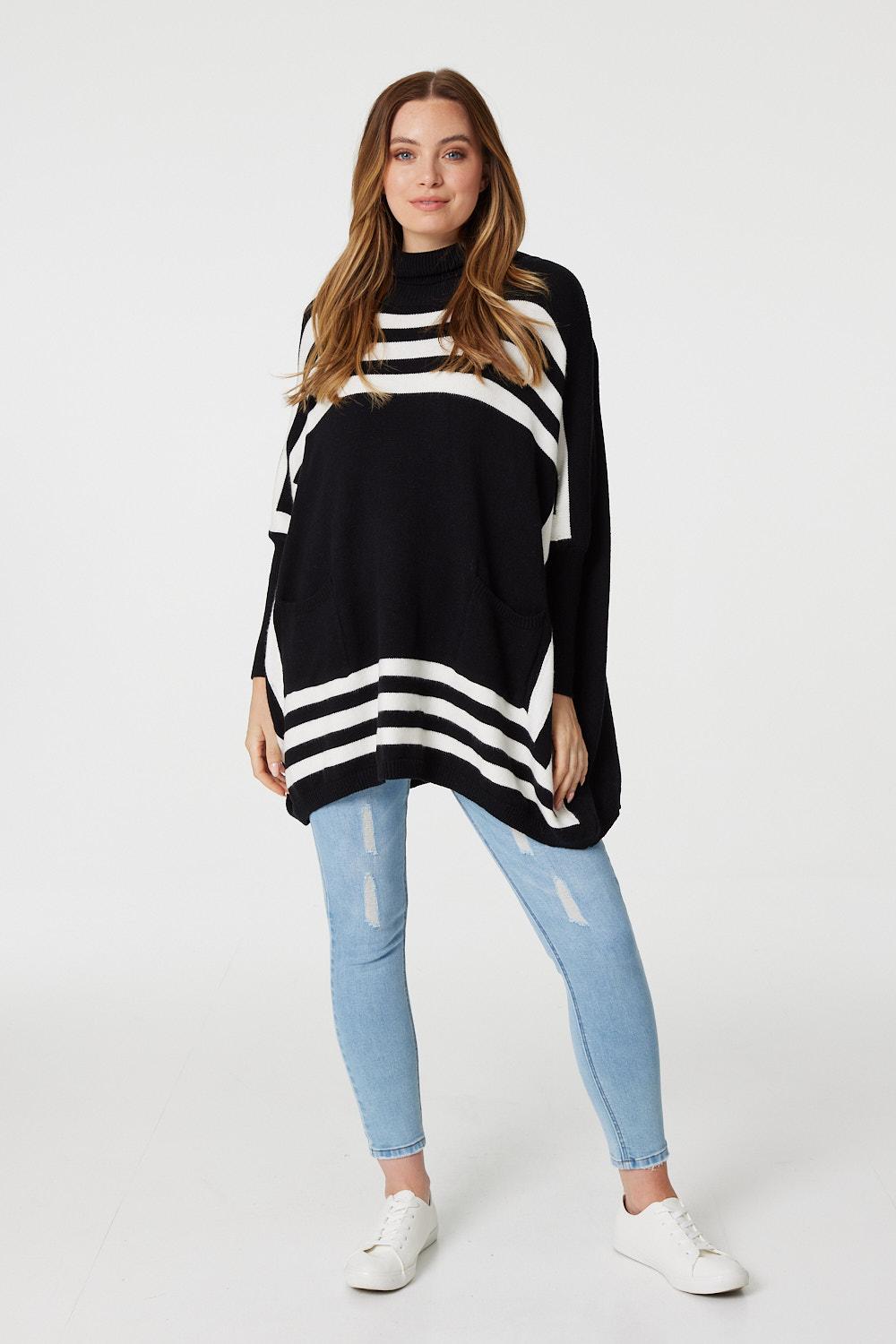 Black And White | Striped Oversized High Neck Jumper