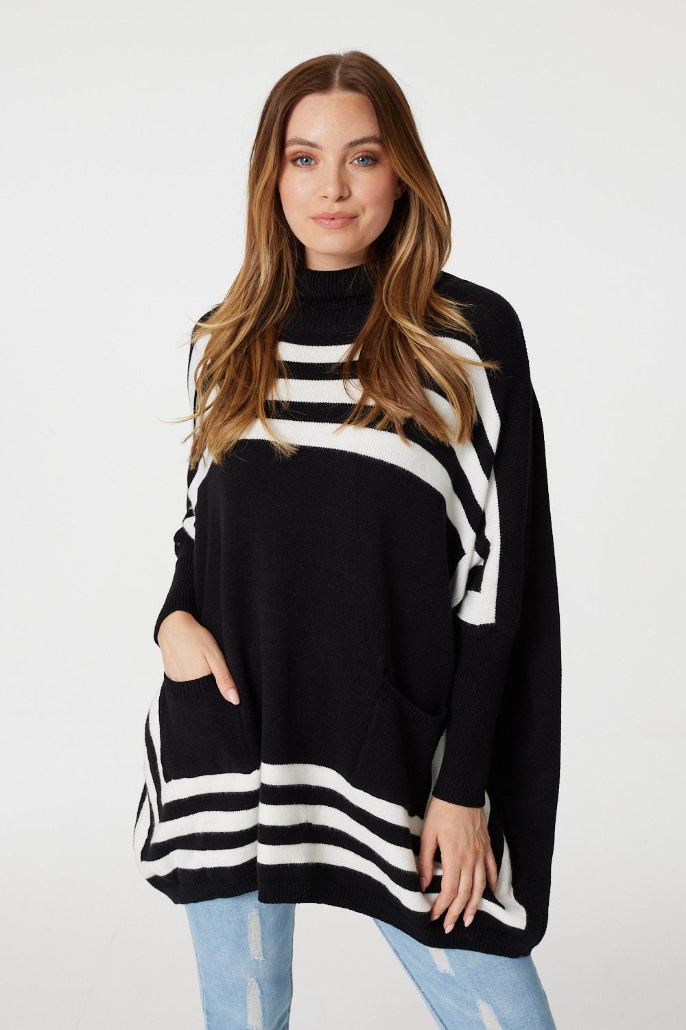 Black And White | Striped Oversized High Neck Jumper