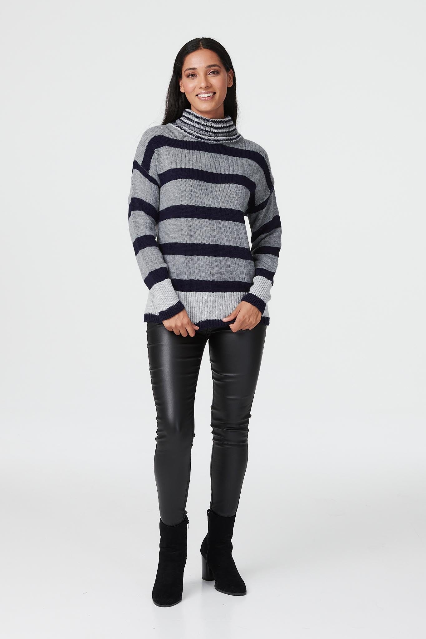 Grey | Striped Turtle Neck Knit Jumper