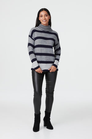 Grey | Striped Turtle Neck Knit Jumper