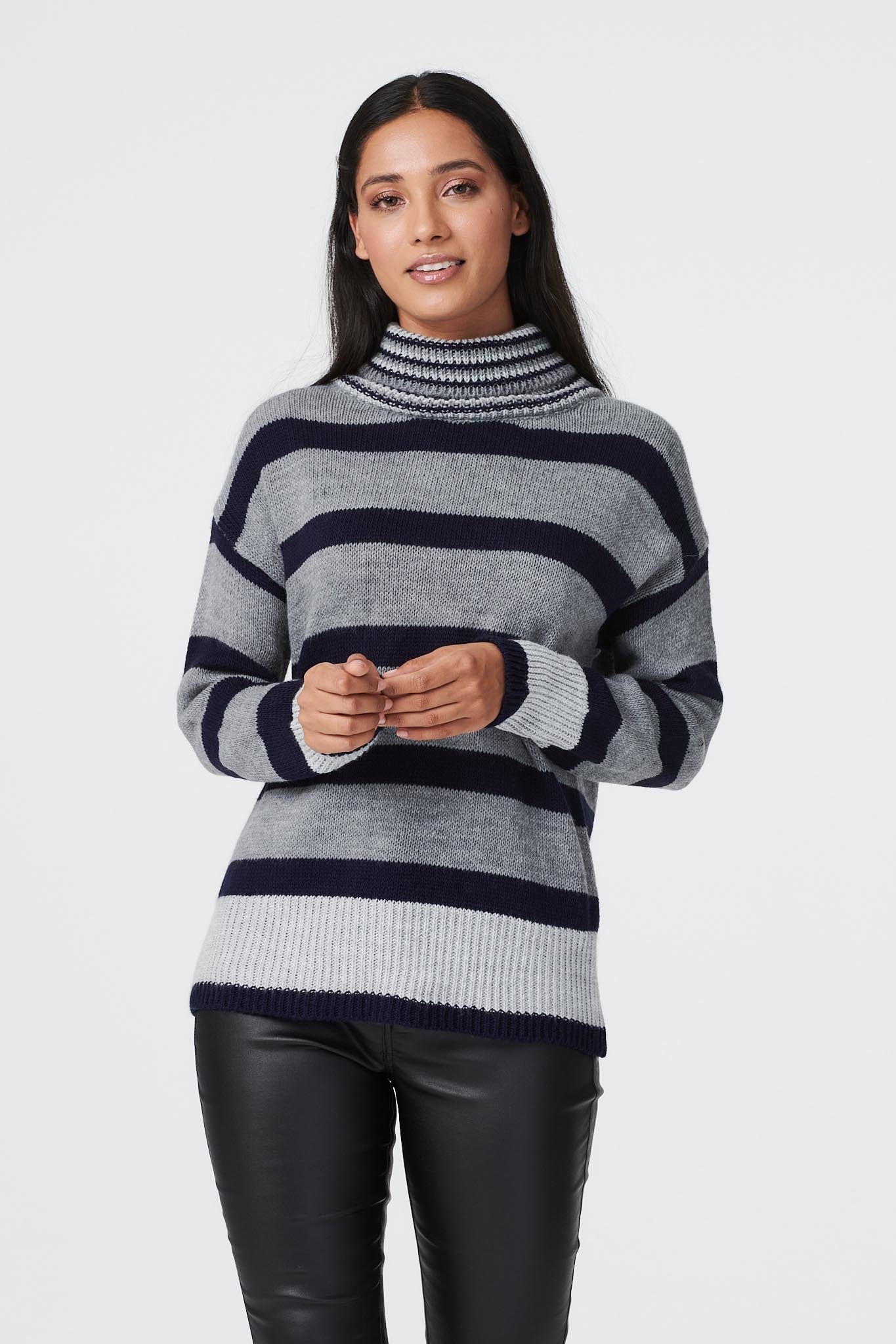 Grey | Striped Turtle Neck Knit Jumper