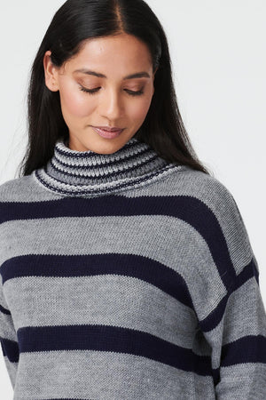Grey | Striped Turtle Neck Knit Jumper