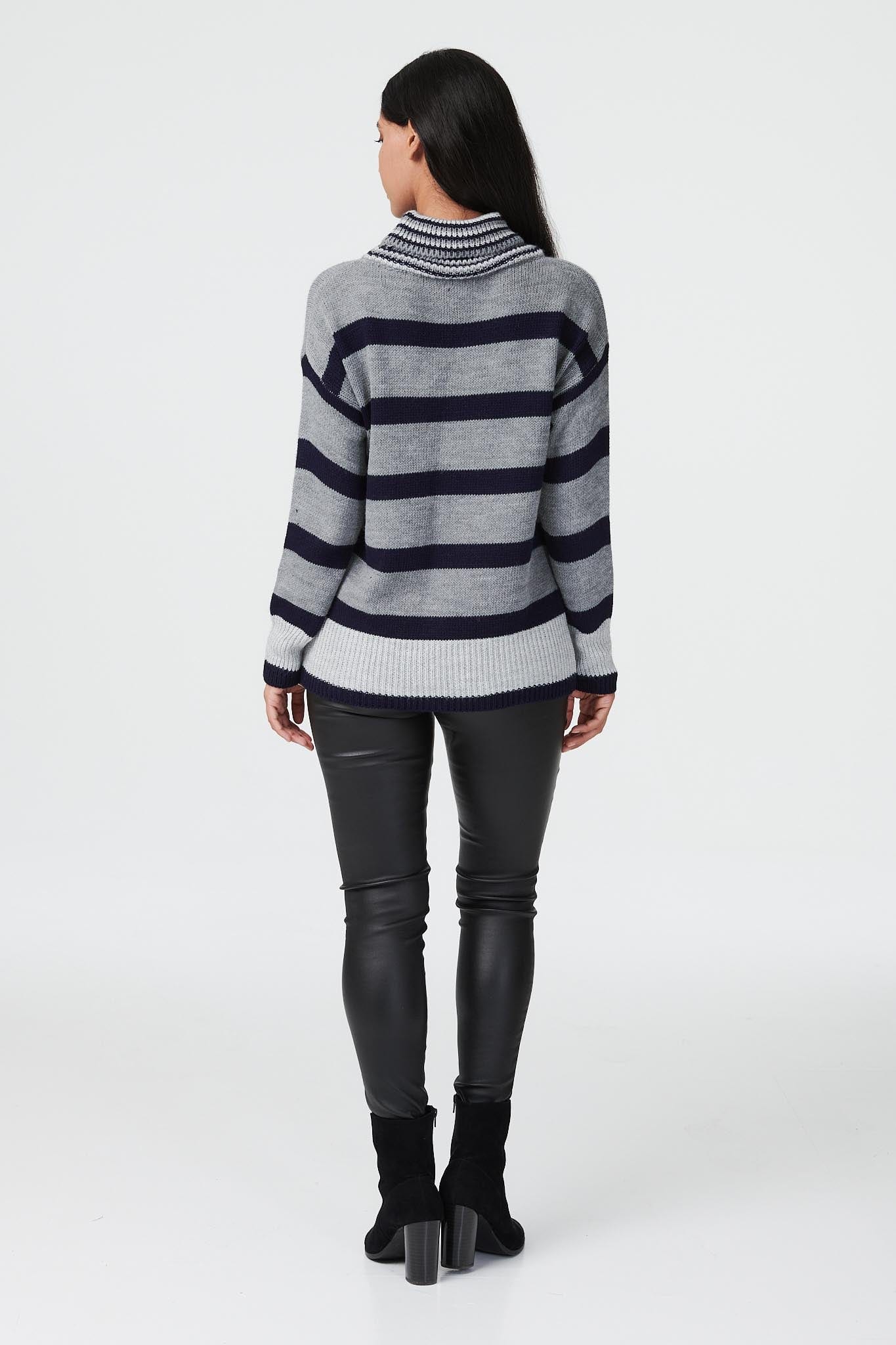 Grey | Striped Turtle Neck Knit Jumper