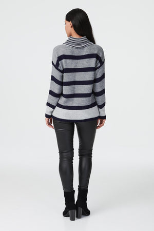 Grey | Striped Turtle Neck Knit Jumper