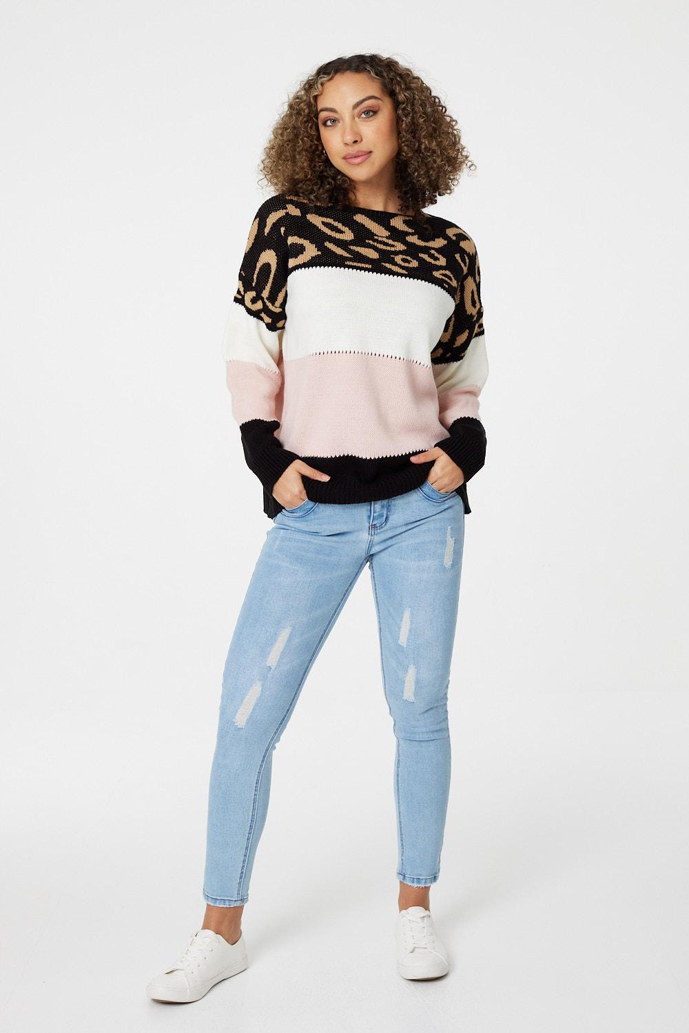 Black | Animal Print Colour Block Jumper