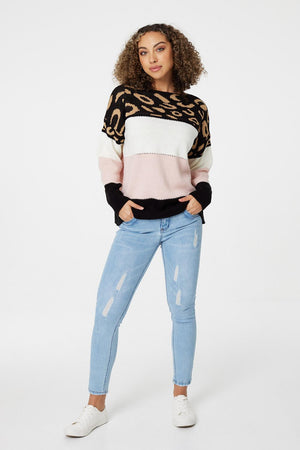 Black | Animal Print Colour Block Jumper