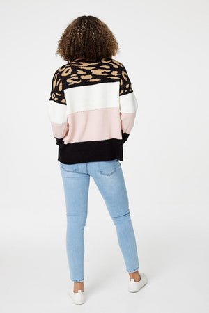 Khaki | Animal Print Colour Block Jumper