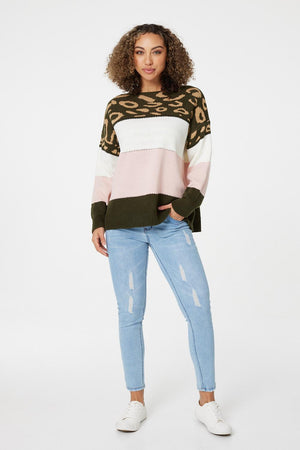 Khaki | Animal Print Colour Block Jumper