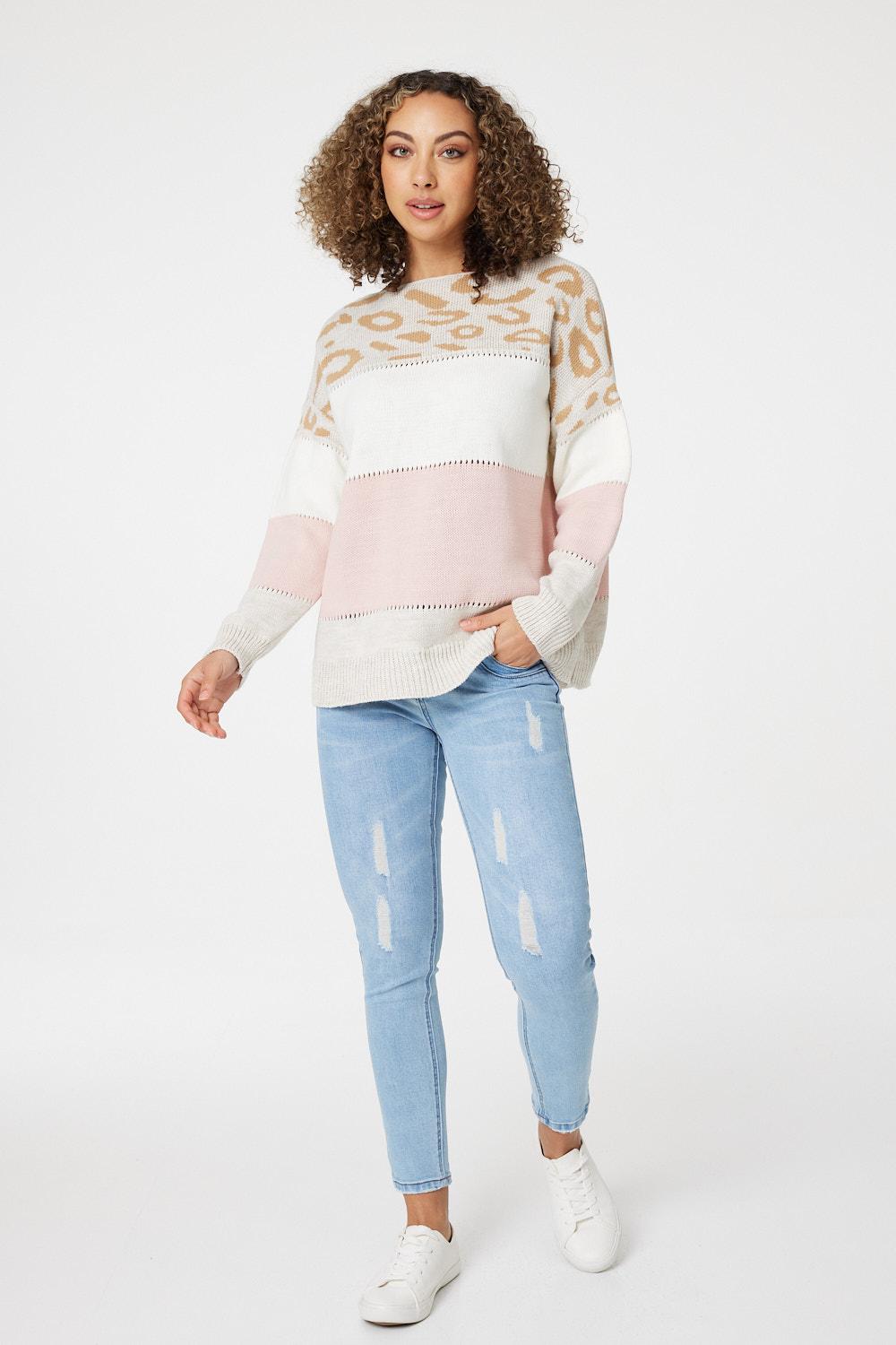 Pink | Animal Print Colour Block Jumper