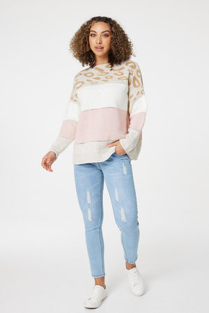 Pink | Animal Print Colour Block Jumper