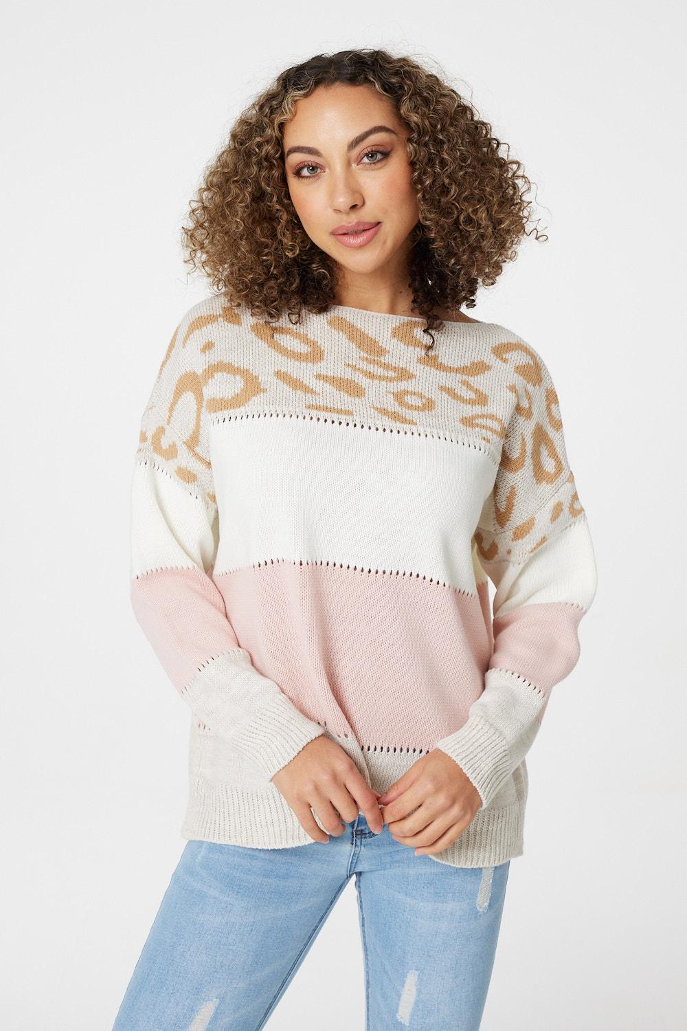 Pink | Animal Print Colour Block Jumper
