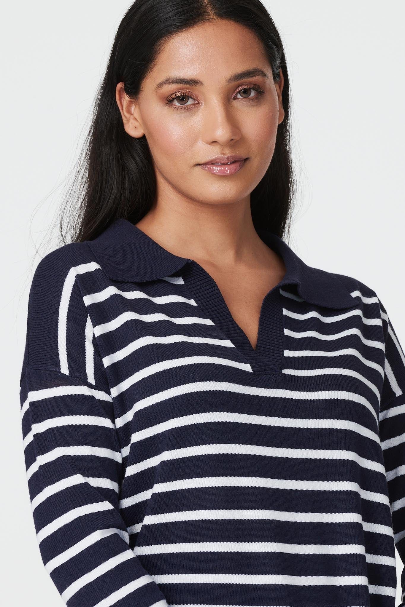 Navy | Striped Jumper with Collar