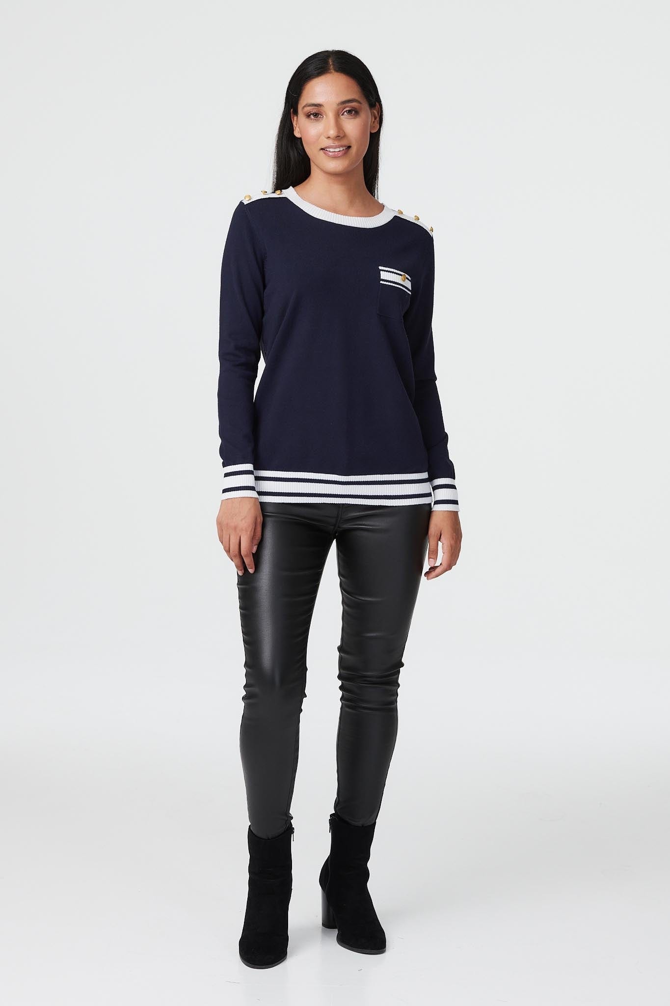 Navy | Striped Hem Long Sleeve Jumper