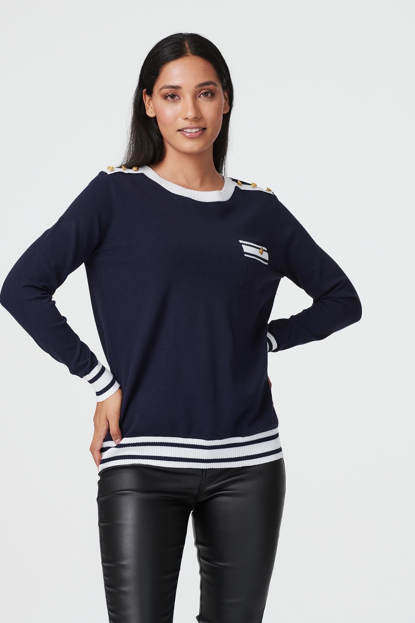 Navy | Striped Hem Long Sleeve Jumper