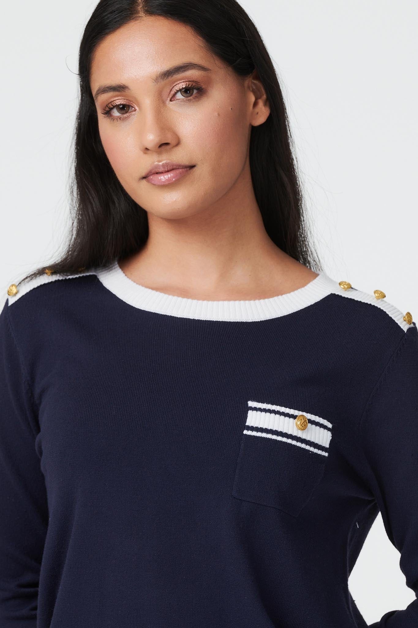 Navy | Striped Hem Long Sleeve Jumper