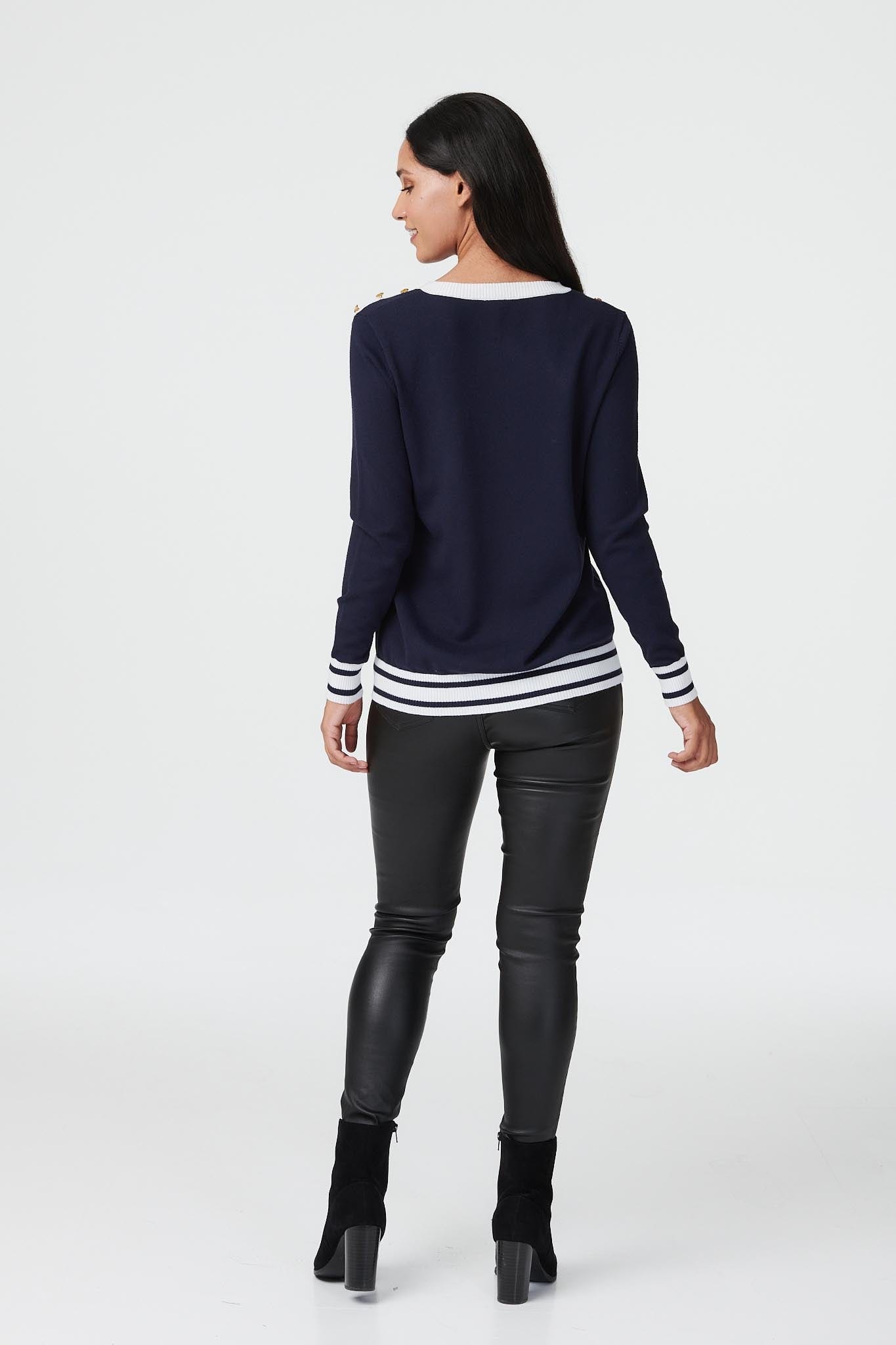 Navy | Striped Hem Long Sleeve Jumper
