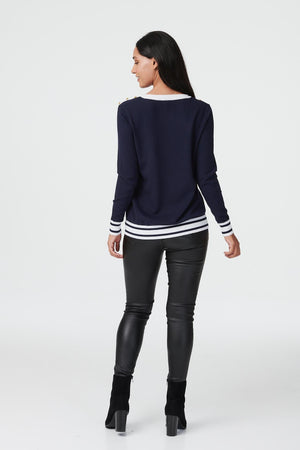 Navy | Striped Hem Long Sleeve Jumper
